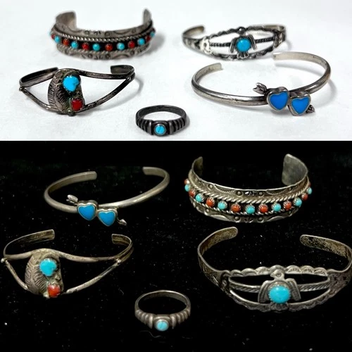 Lot of 5 Vintage Native American Sterling Silver Baby/Child Bracelets & Rings