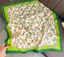 100% Silk 26" square Scarf Women neckerchief Wrap green yellow pink floral ZT321