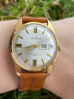 HELBROS WATCH AUTOMATIC DAY DATE CAL.PUW 1363 GOLD PLATED MENS
