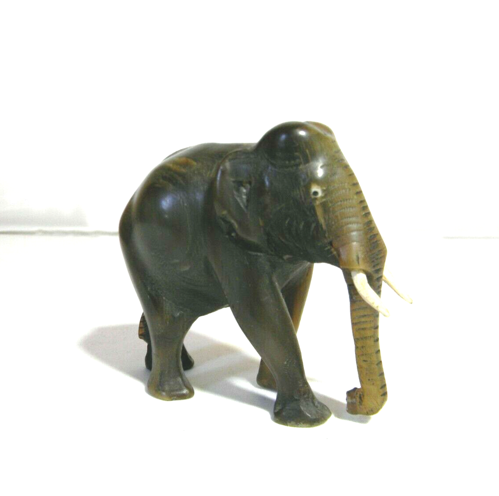Asian Elephant Carved Horn Figurine Detailed miniature Shadowbox size 2.5