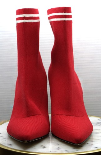 LEITH Red Stiletto Boot Heels Jersey Pull On Sock White Stripe 9