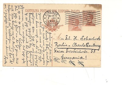 3368) ENTIRE POSTCARD Michetti 30c QUESTION + twin 1923 FLORENCE GERMANY