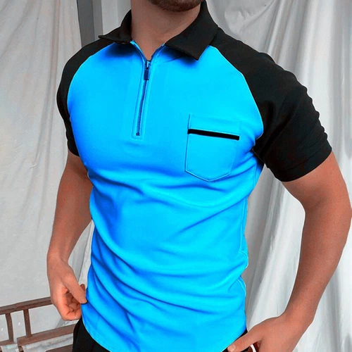 MenCasual Zip Tops Blouse Pullover T-Shirt Solid Color Short Sleeve Polo Shirts - Foto 8 di 16