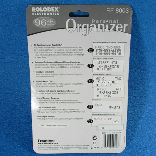 Rolodex Electronics Franklin Personal Organizer RF-8003 96KB Memory  - Picture 2 of 3