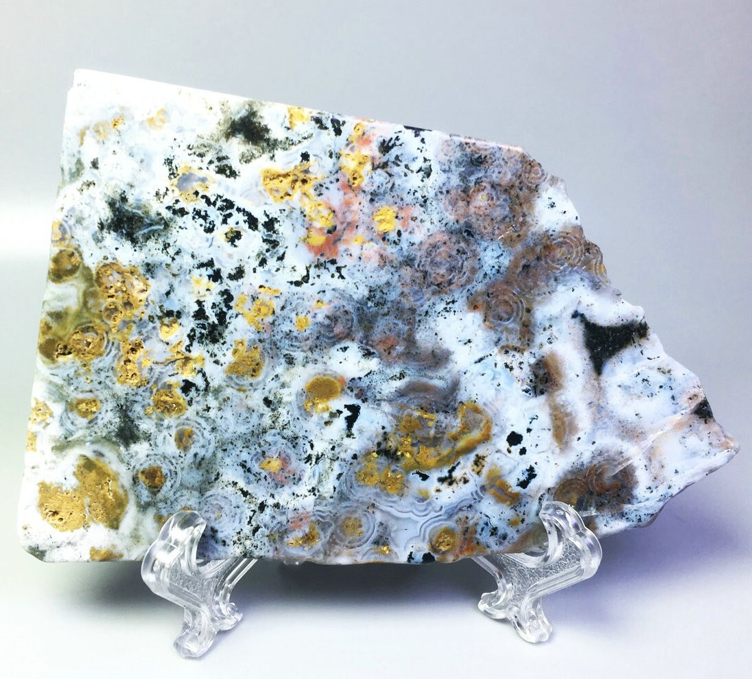 Natural Ocean Jasper Agate Quartz Crystal Stone Slice Mineral Specimen / Stand