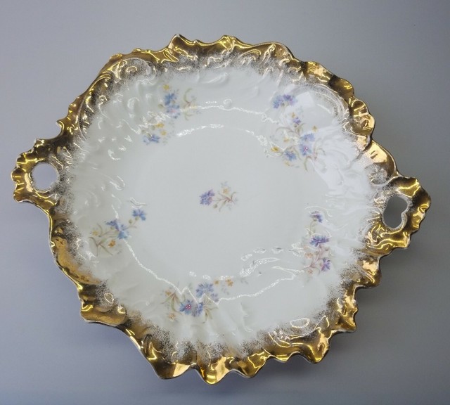 C.T. Germany Carl Tielsch Porcelain Serving Dish with Blue Flowers Gold