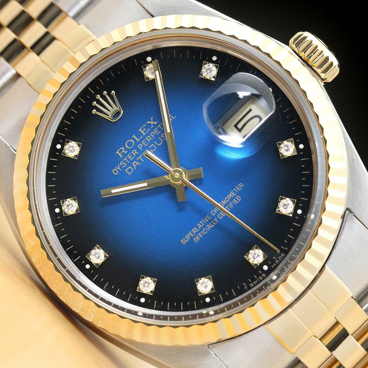ROLEX MENS DATEJUST 16013 BLUE VIGNETTE FACTORY DIAMOND TWO TONE
