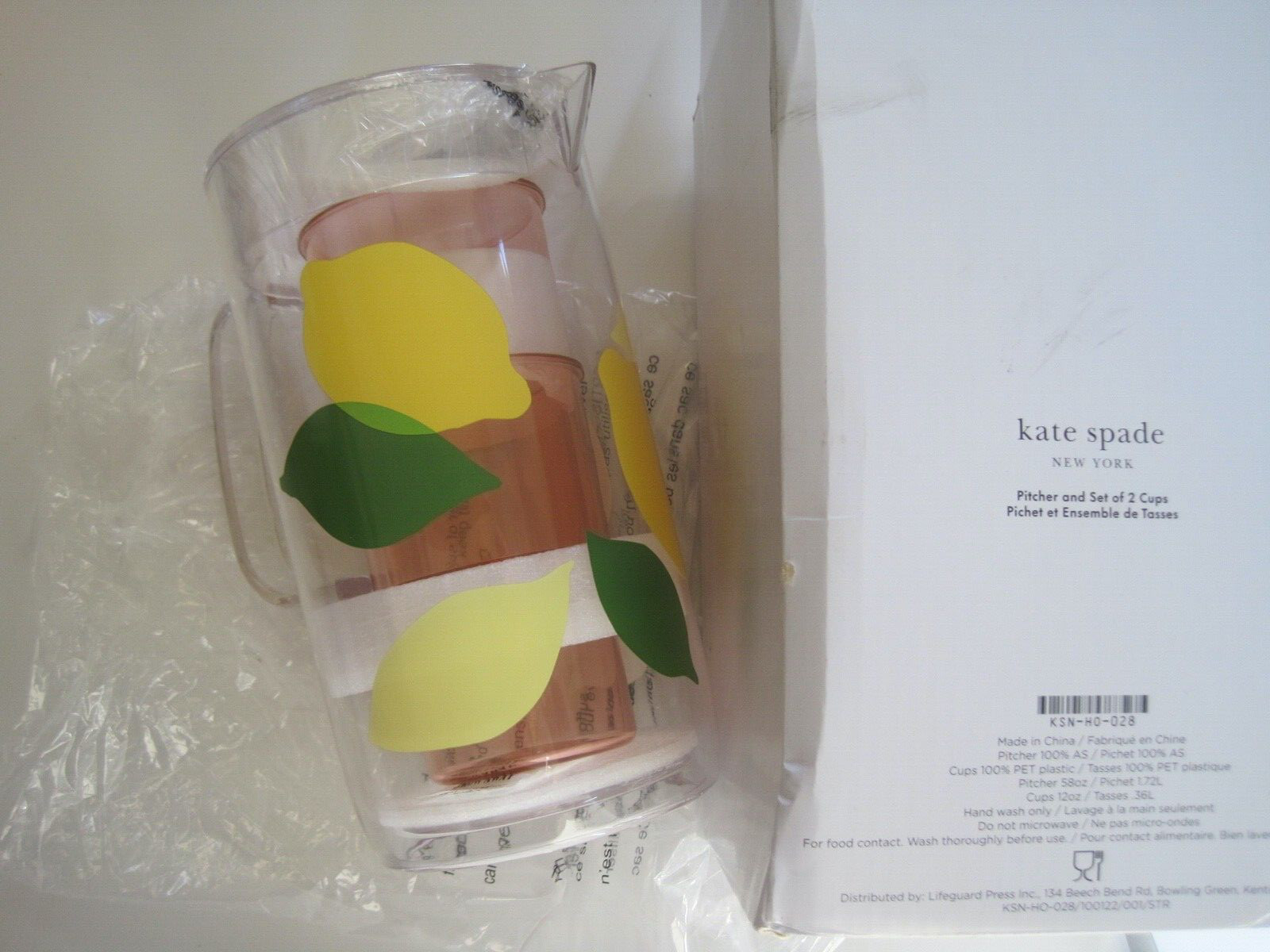 Kate Spade Pitcher  2 Cups Clear Plastic LEMONS Brand New