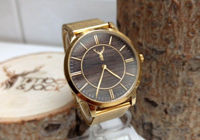 Damen Armbanduhr Timber & Jack Holz gold Walnuss Milanaise Mesh Band Metall gelb