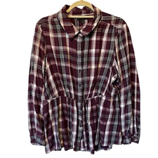 Lane Bryant button up shirt 18 20 Burgundy plaid flannel Elastic waist Womens
