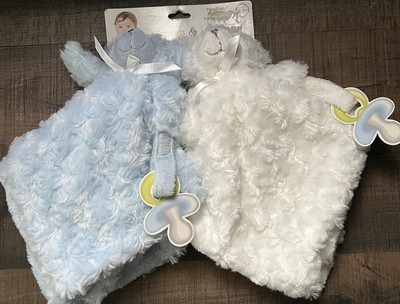 NEW BLANKETS & BEYOND  Blue White TWINS Lovey Security Blanket Pacifier Holder