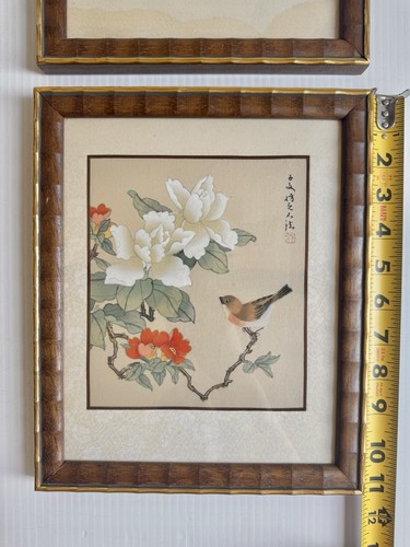 2 Vintage Chinese Watercolor Paintings On Silk MCM Bamboo Frames Botanical Pair - Picture 5 of 18