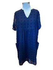 Navy Swiss Dot Babydoll Dress Sz XL Chiffon Lined Large Pockets Comfy Fairy Boho