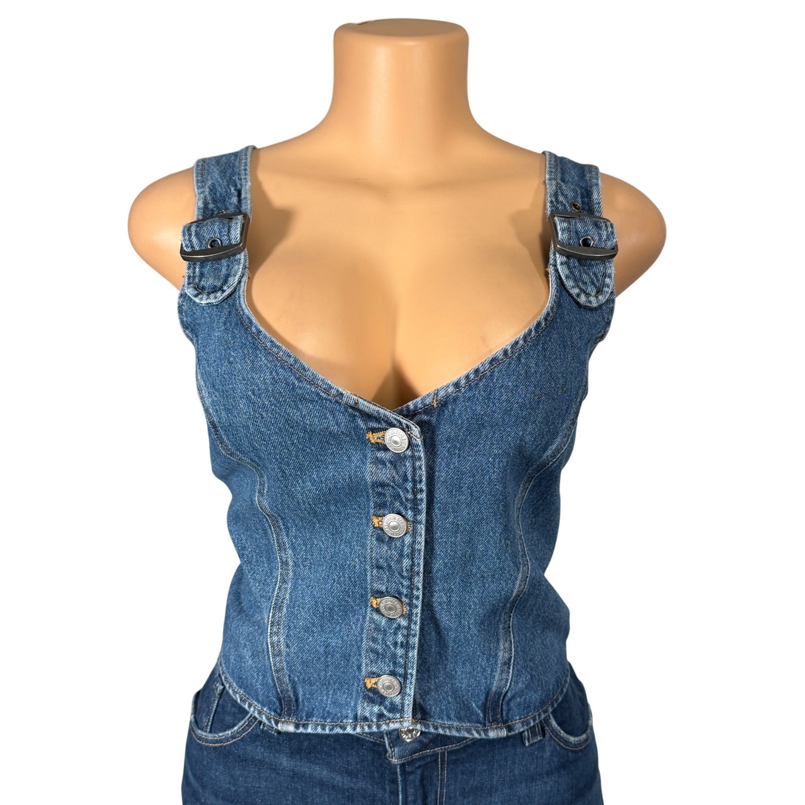 Levi's Denim Corset Top Womens Medium Blue Excellent Buckle Strap Button Front