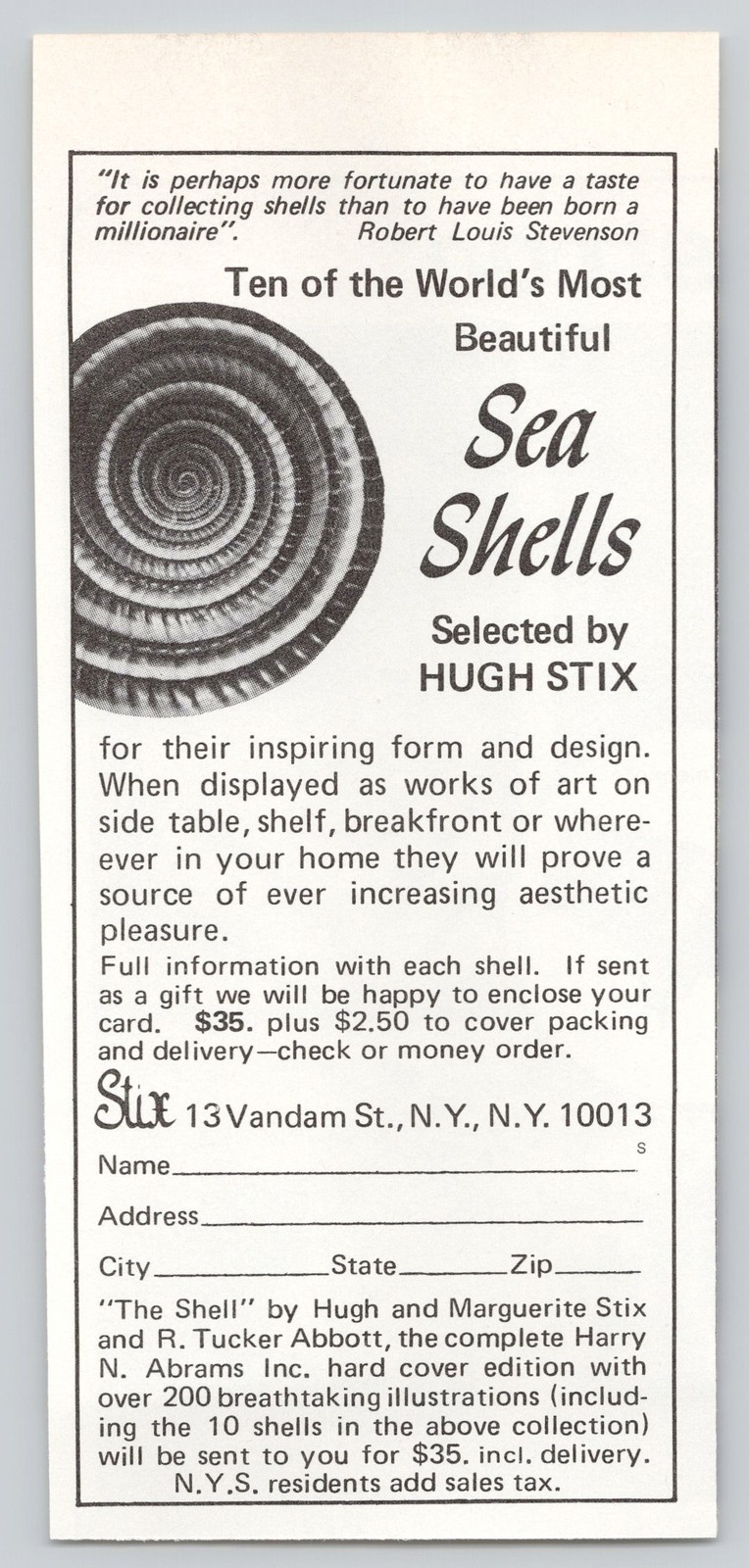 Ocean Single Shell Sea Shells Hugh Stix Harry N Abrams Book Robert Louis Stevenson 1978 Ad ...