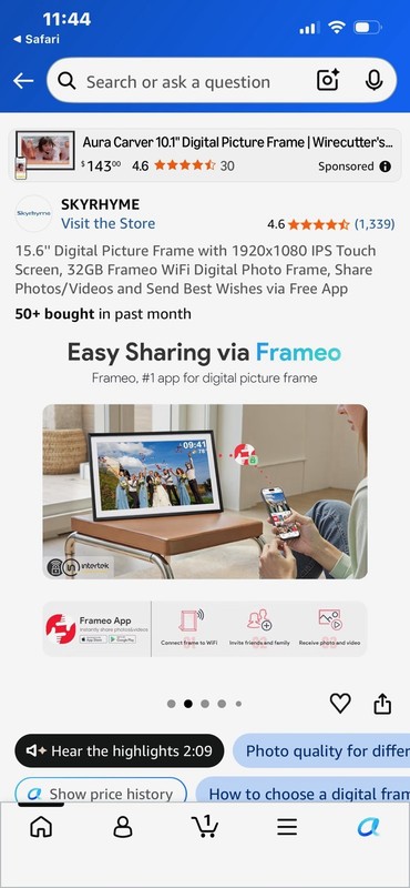 SKYRHME 10.1" Frameo Wi‑Fi IPS Touch Screen Digital Photo Frame 32GB Black