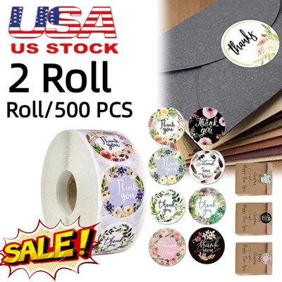 2 Roll of 1000Pcs 1'' Thank You Stickers Handmade DIY Party Flowers Round Labels