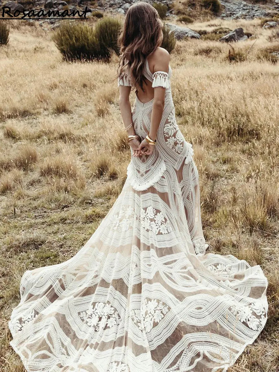 fitted lace wedding dress Bohemian Mermaid Off the Shoulder White Tulle Wedding Dresses with Lace  DM082701 – Dressmeet main image 1