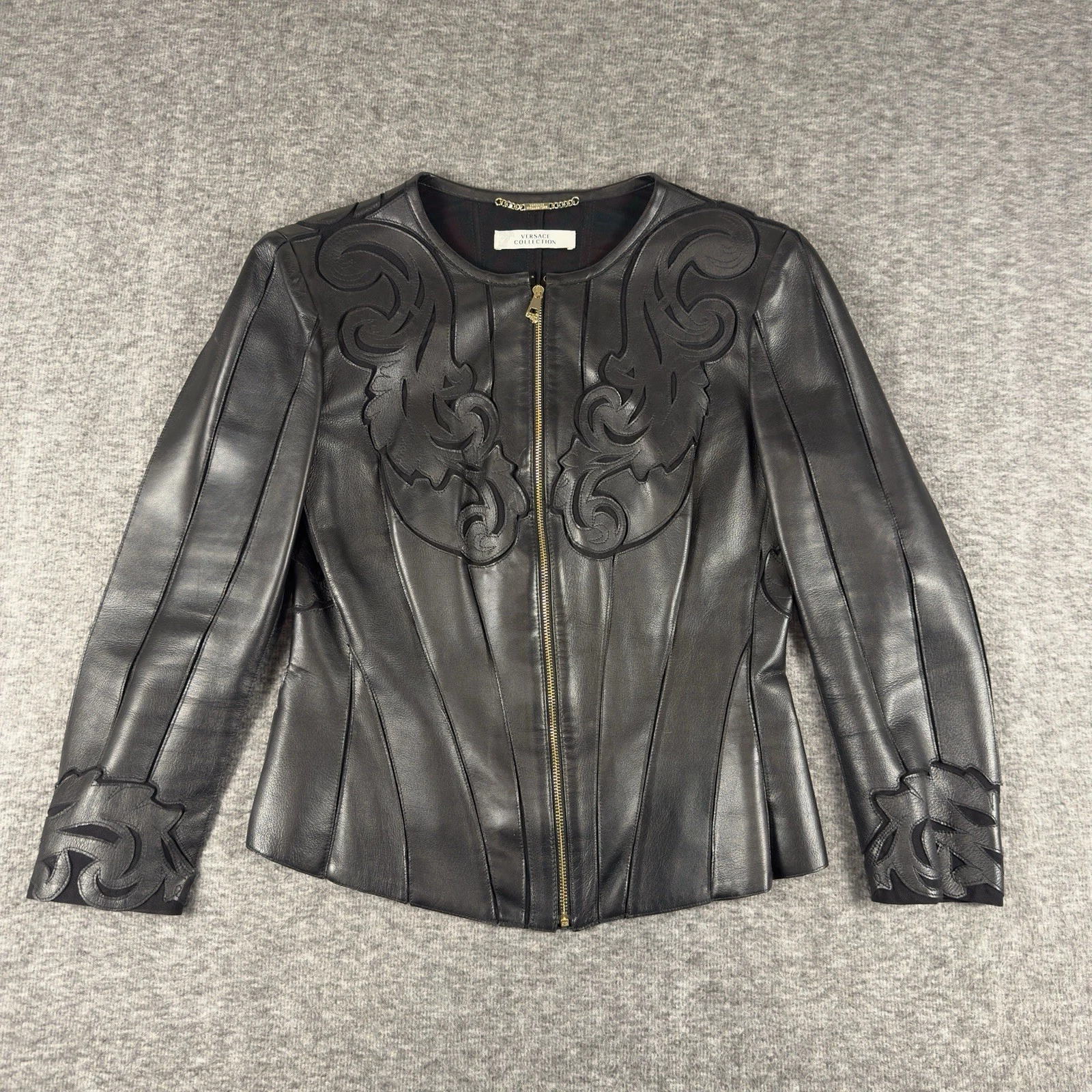 Versace — Versace Collection Baroque Leather Jacket Womens 44 Black Embroidery Luxe Moto