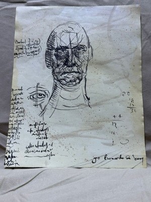 LEONARDO DA VINCI  drawing and painting on old paper signed stamped vintage