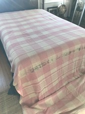 VTG Pink Cotton Camp Blanket 150x64" Striped Plaid Extra Long CUTTER READ WORN