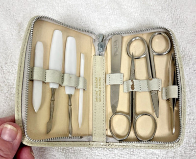 Vintage Austria Leather Case Pearl Plastic Handles Manicure Set 5'' Long