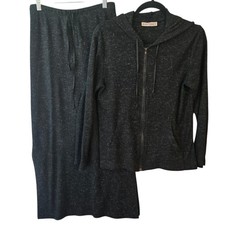 ANN TRAVIS Sparkle Knit Hoodie Skirt Set Charcoal Gray Loungewear Travel Size S