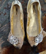 Rare Miu Miu crystal encrusted Flats Gold Women's Shoes Size 37 1/2. 7.5 