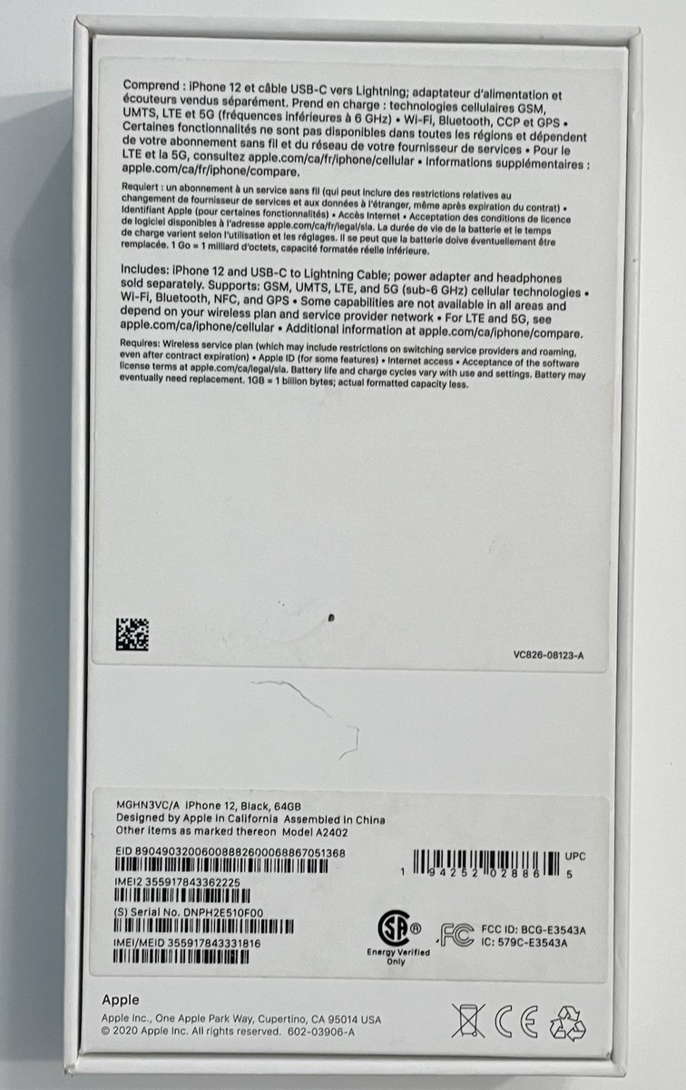 Apple iPhone 12 Black 64GB Smartphone BOX ONLY side ripped see