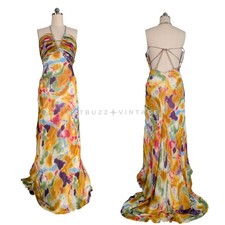 Vintage Mori Lee Prom Dress Maxi Gown 16 Multi Y2K Glam Halter Babydoll Bead