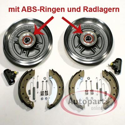 Bremstrommel Set Ø 203 mm ABS Ringe Radlager Bremsbacken hinten für Peugeot 206