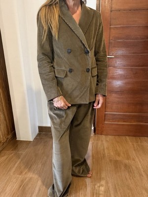 Weekend Max Mara Brown Corduroy Cotton 2pc Pant Suit Double Breasted Lined 2