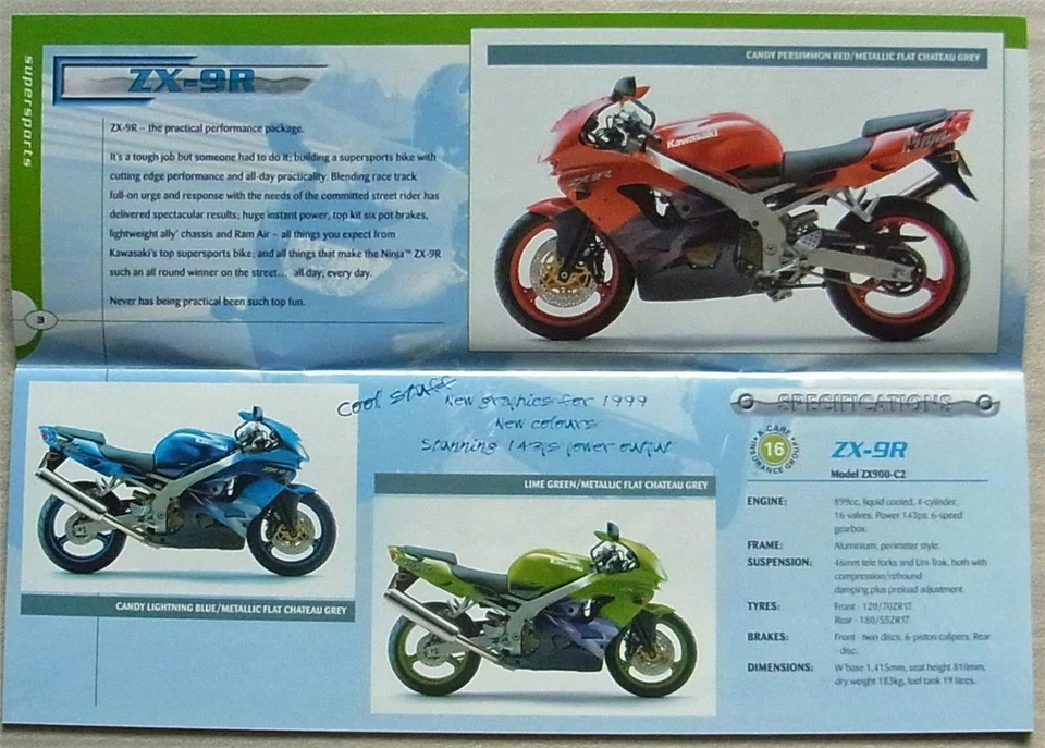 KAWASAKI MOTORCYCLES RANGE Sales Brochure For 1999 ZX-9R ZX-7RR GT550 GPZ500S + - Image 2 of 4