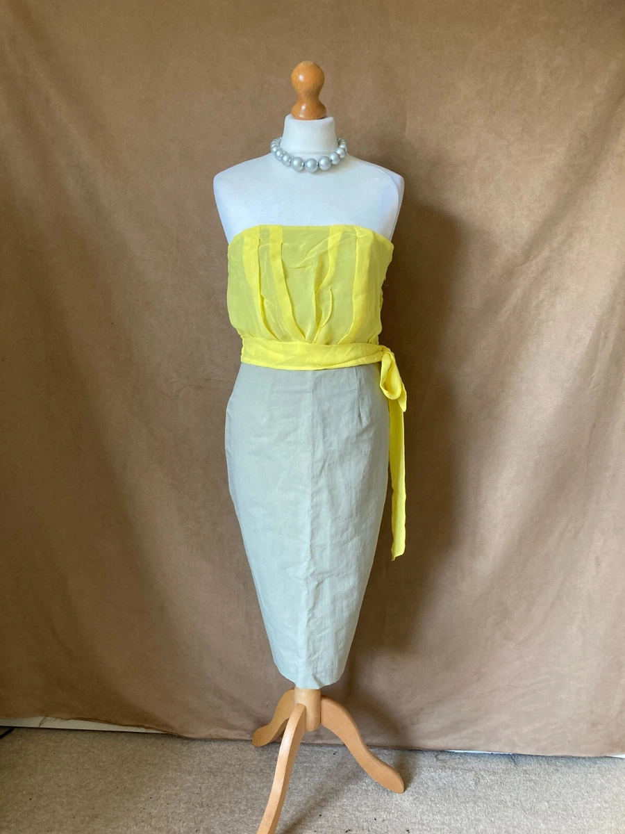 RED Valentino. Womens Khaki and Yellow Chiffon Bustier Occasion Dress. Size 42