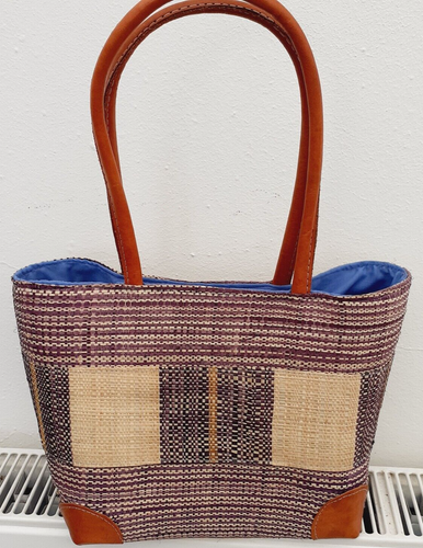 Madaraff Raffia Bag.Purple.Beige.Leather handles.Draw string top.10"x 8.5" x 5"