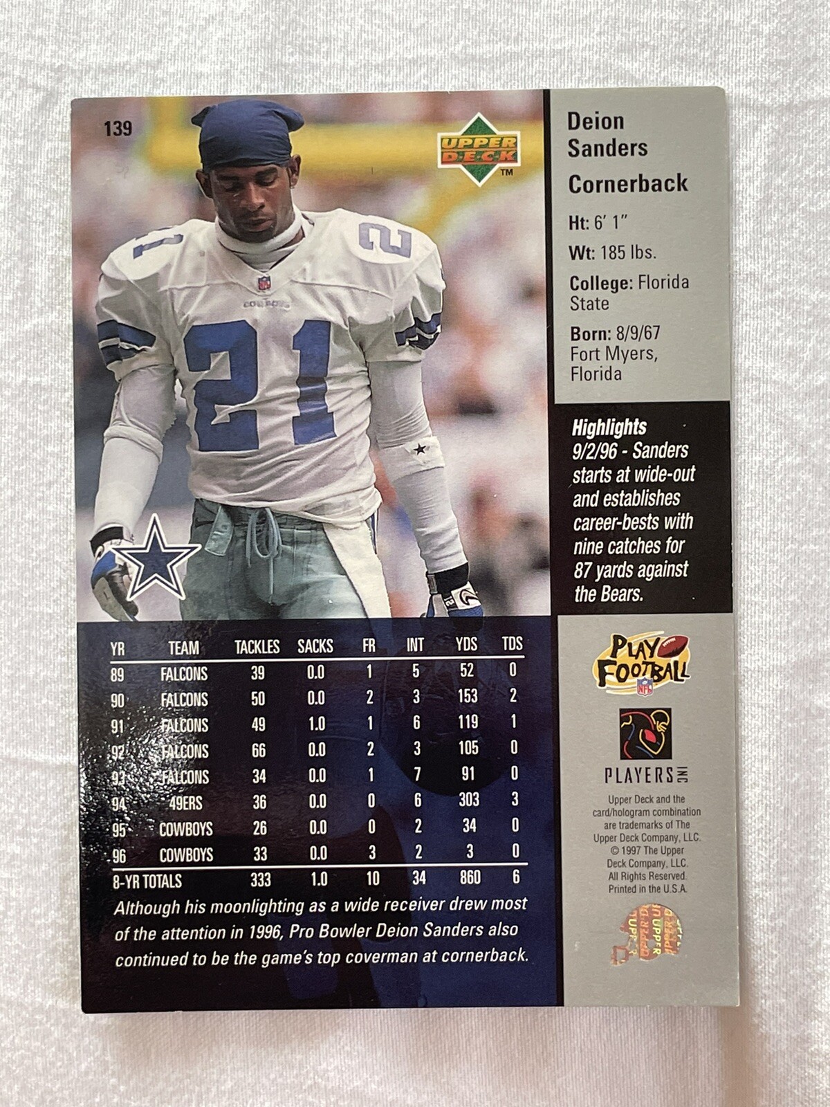 1997 Upper Deck 139 Deion Sanders Cowboys Football Card eBay