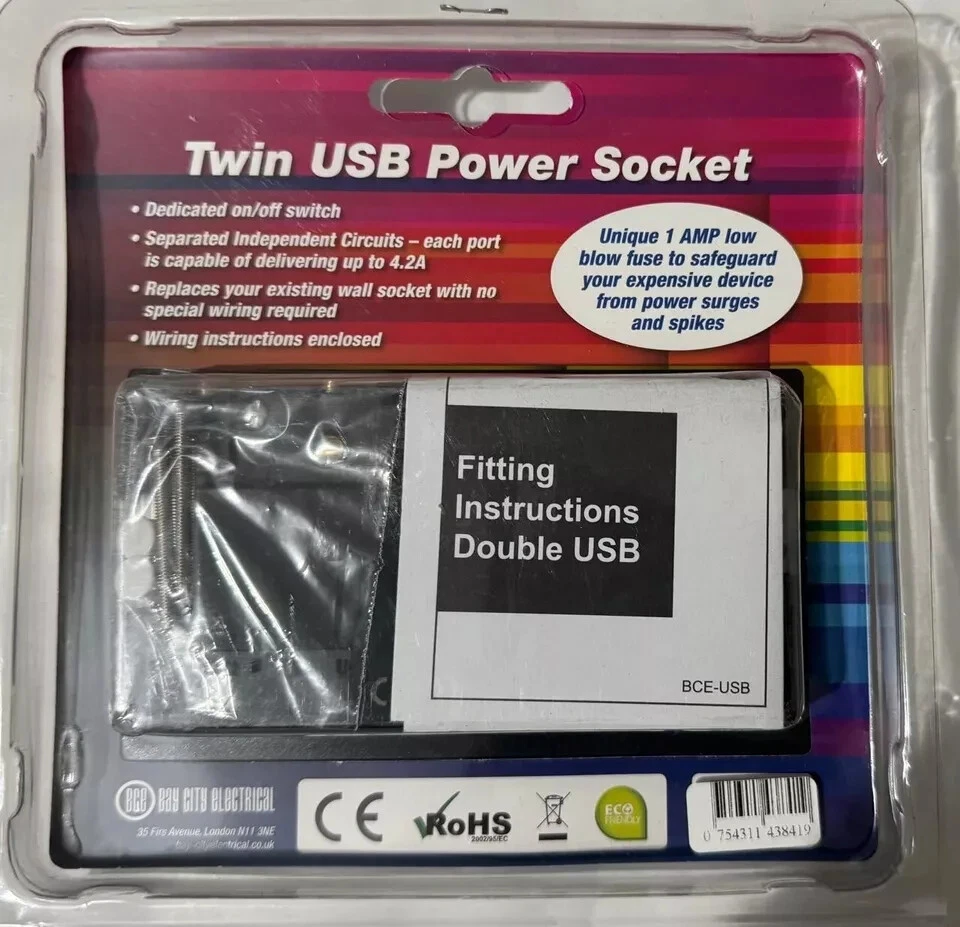 DOUBLE USB WALL SOCKET 13 AMP UK PLUG 2 GANG SWITCH ELECTRIC CHARGER POWER PORT - Image 2 of 2