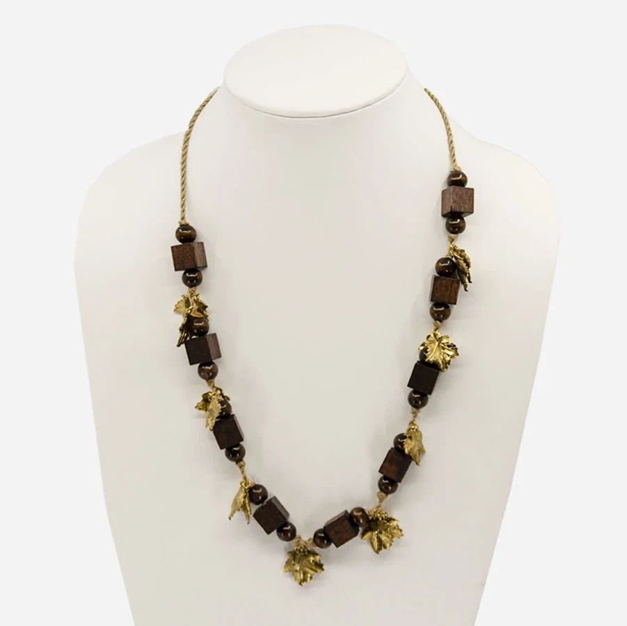 SAINT LAURENT (YSL) Collana Yves Saint Laurent YSL Vintage Legno Perline Dorata Foglie Oro Cordone di Seta