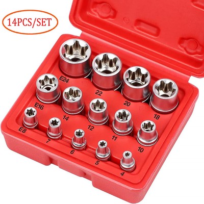 14 Pcs E Torx Star Female Bit Socket Set 1/2'' 3/8'' 1/4'' Drive E4 -E24 with Case