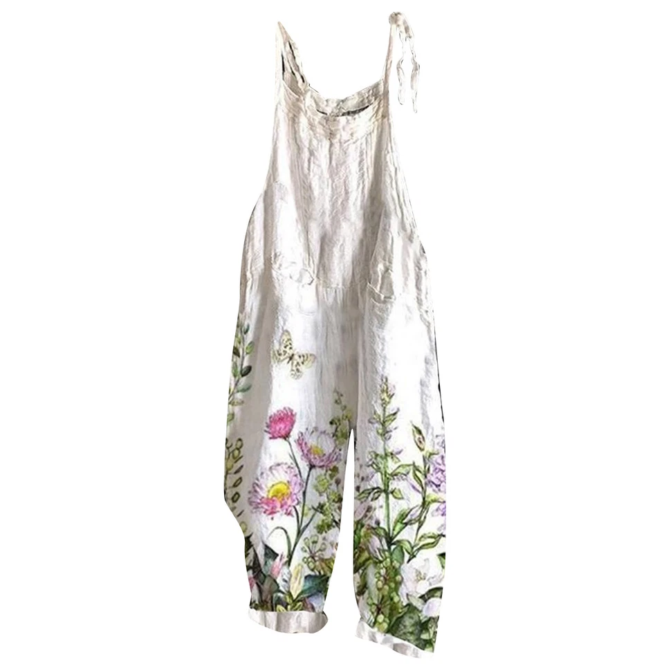 Macacões regata femininos casuais soltos sem mangas gola quadrada perna larga manchada - Imagem 4 de 4