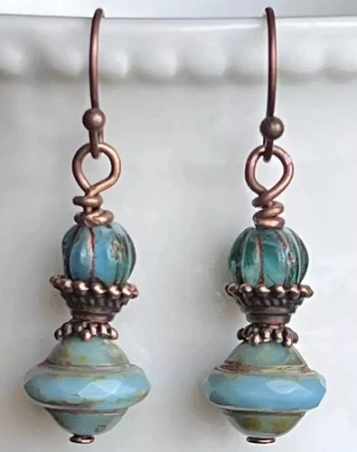 Etched Copper, Pale Blue and Teal Dangle Earrings.