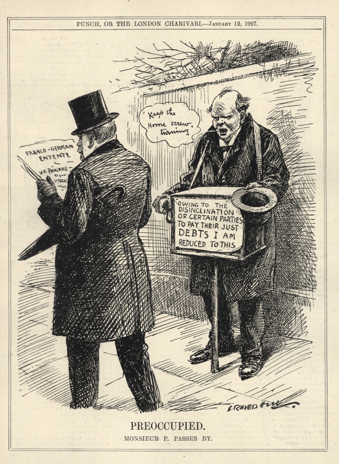 1927 British Cartoon: CHURCHILL French War Debts POINCARE Franco-German Entente