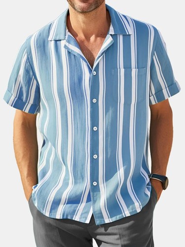 Camisa suelta informal a rayas de verano con solapa de manga corta para hombre Vestido básico Blusa Prenda para el torso - Imagen 10 de 25