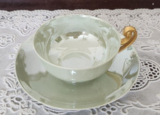 VINTAGE T & V Limoges Rust Green Gold Handle Tea Cup & Saucer, France