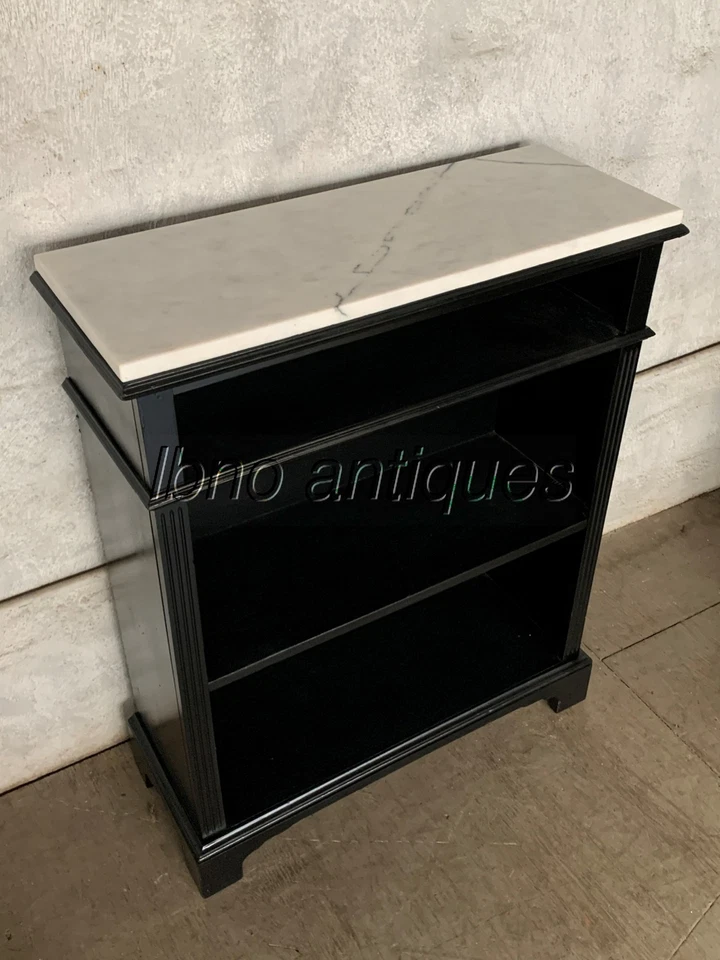 1940s BLACK LACQUERED WOODEN PETITE BOOKCASE W/ MARBLE TOP. BOOKS /VINYL STORAGE - Image 3 of 4