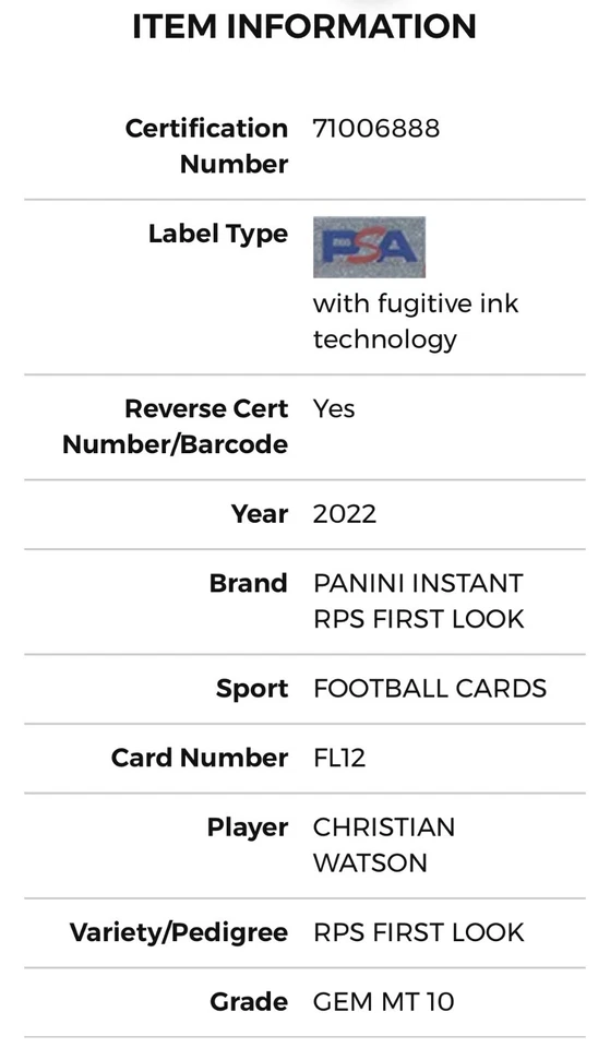 2022 PANINI INSTANT CHRISTIAN WATSON ROOKIE RPS FIRST LOOK #FL12 RC PSA 10 POP 4 - Image 4 of 4