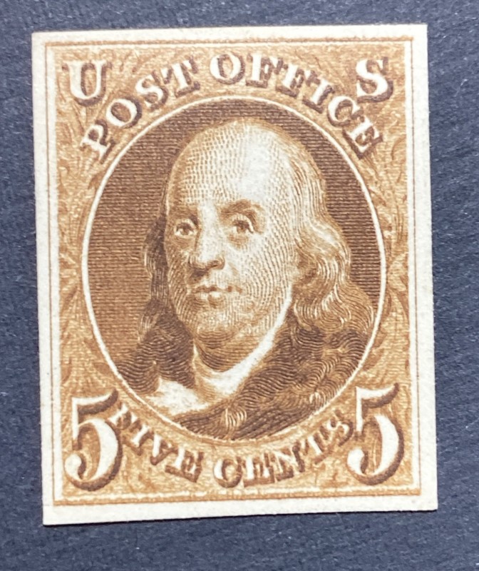 US  1875 XF NH Sc#3P4 5c Benjamin Franklin Proof on Card.        (W61)