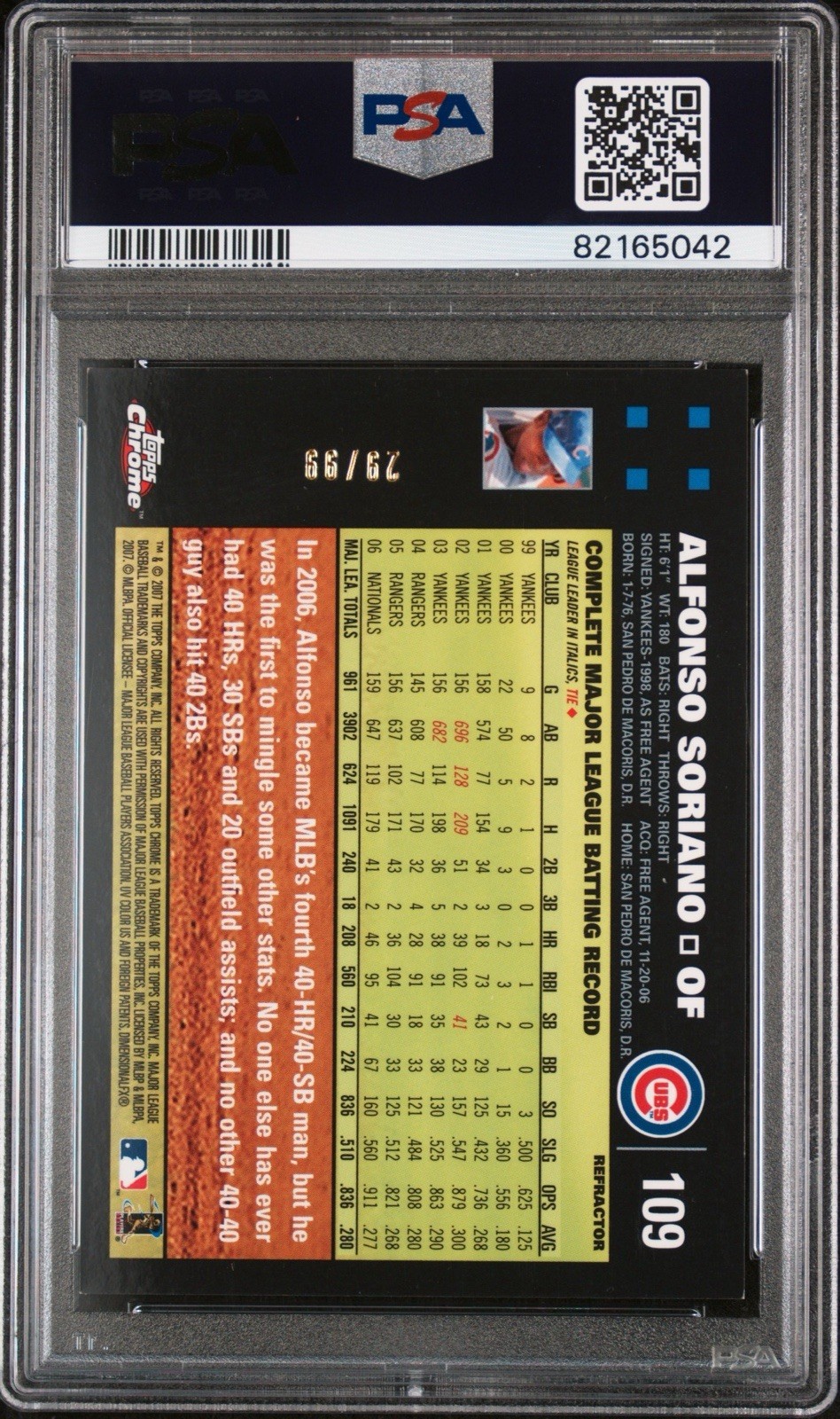 2007 TOPPS CHROME #109 ALFONSO SORIANO RED REFRACTOR PSA 8 POP 1 NO HIGHER view 2