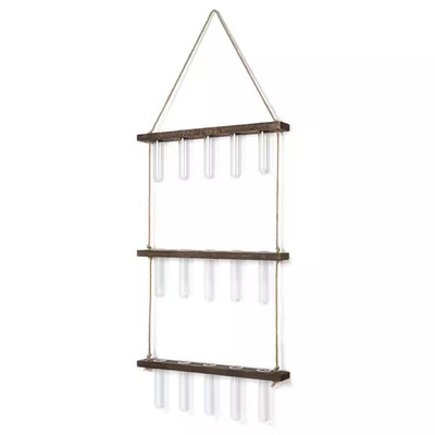 14.2 In. L 3 Tiered Wall Hanging Wood Stand with 15 Glass Test Tubes for Plant P