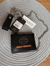 Harley Davidson Logo Embossed Leather Biker Wallet With Chain and Snap Closure